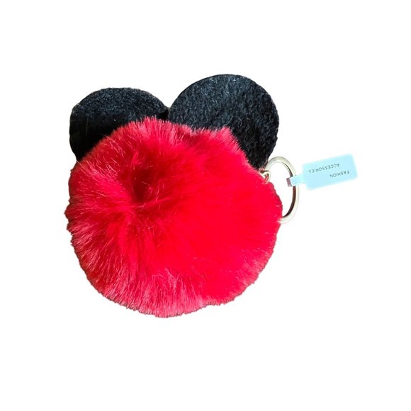 Disney Minnie Mouse Pom Pom Keychain Bow Glitter Red Black - Picture 6 of 8